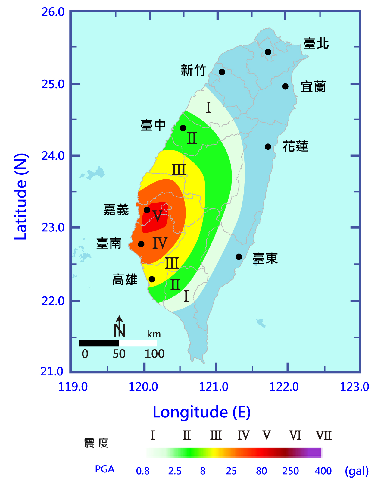等震度圖以顏色標示各區域震度，顯示出震度約略以震央為中心向外遞減。
