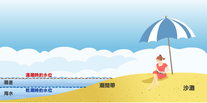 潮差 海水漲到最高水位時,稱為滿潮或高潮;海水退到最低水位時,稱為乾潮或低潮;而滿潮與乾潮兩者間的水位差,稱為潮差。