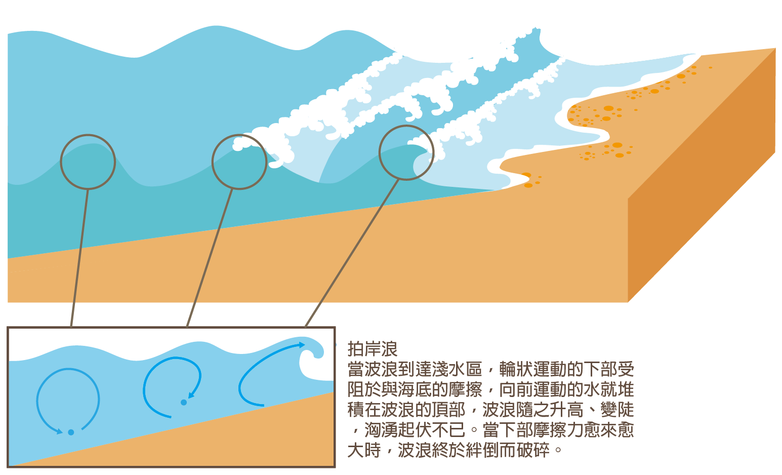 浪花示意圖 波浪靠近岸邊時,水分子的圓周運動因海底地形的摩擦力影響而波速變小,向前運動的水分子逐漸堆高;當波峰被迫向前時,失去底部支撐力,向下掉落破碎,形成浪花