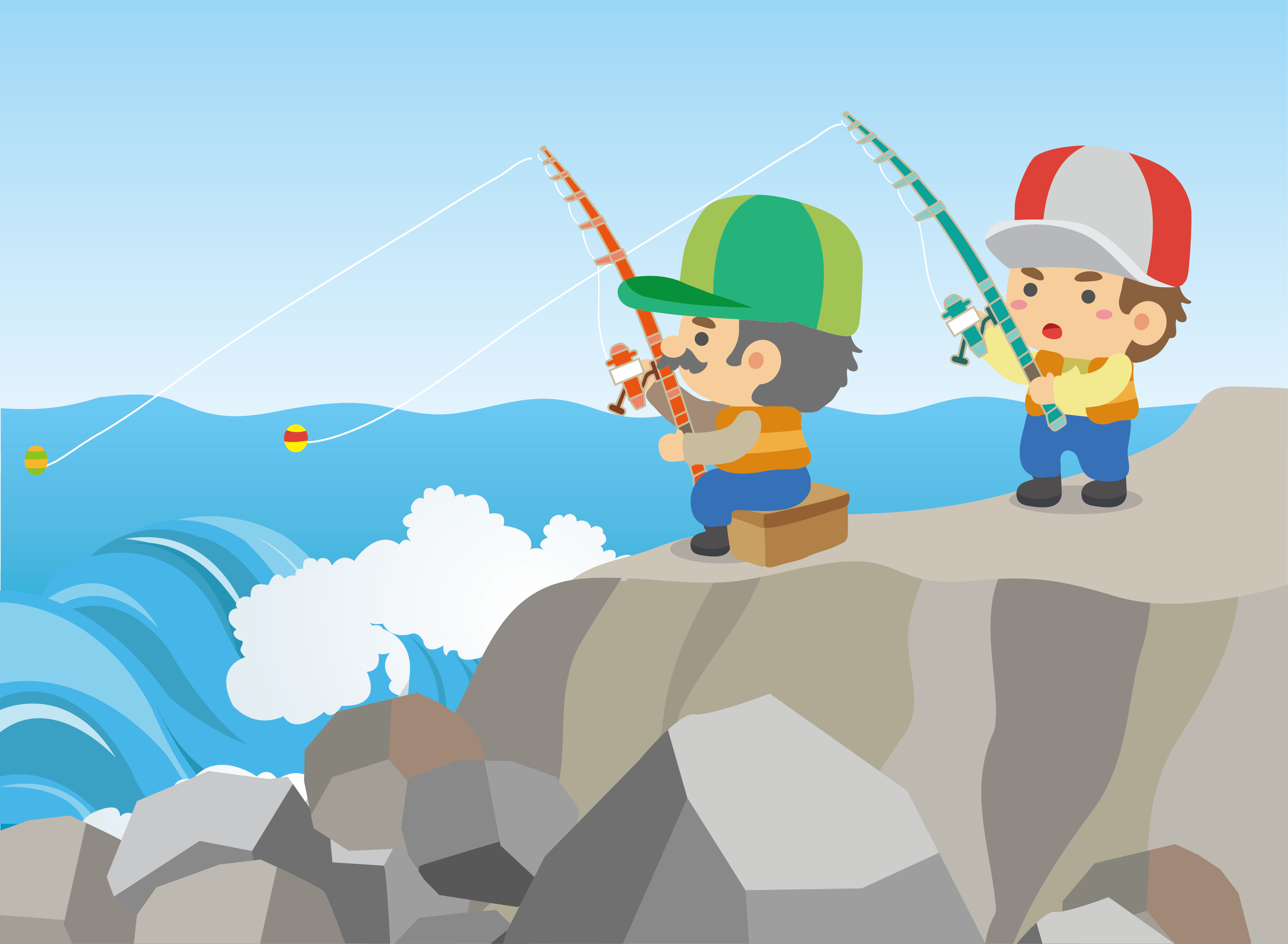 在海邊海釣可以看到海浪拍打岸邊的景象。