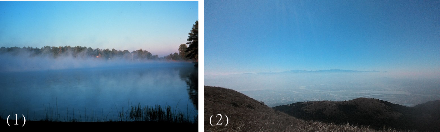 圖1為喬治亞州卡羅爾湖清晨濃霧景象;圖2為大屯山遠望霾狀景象。