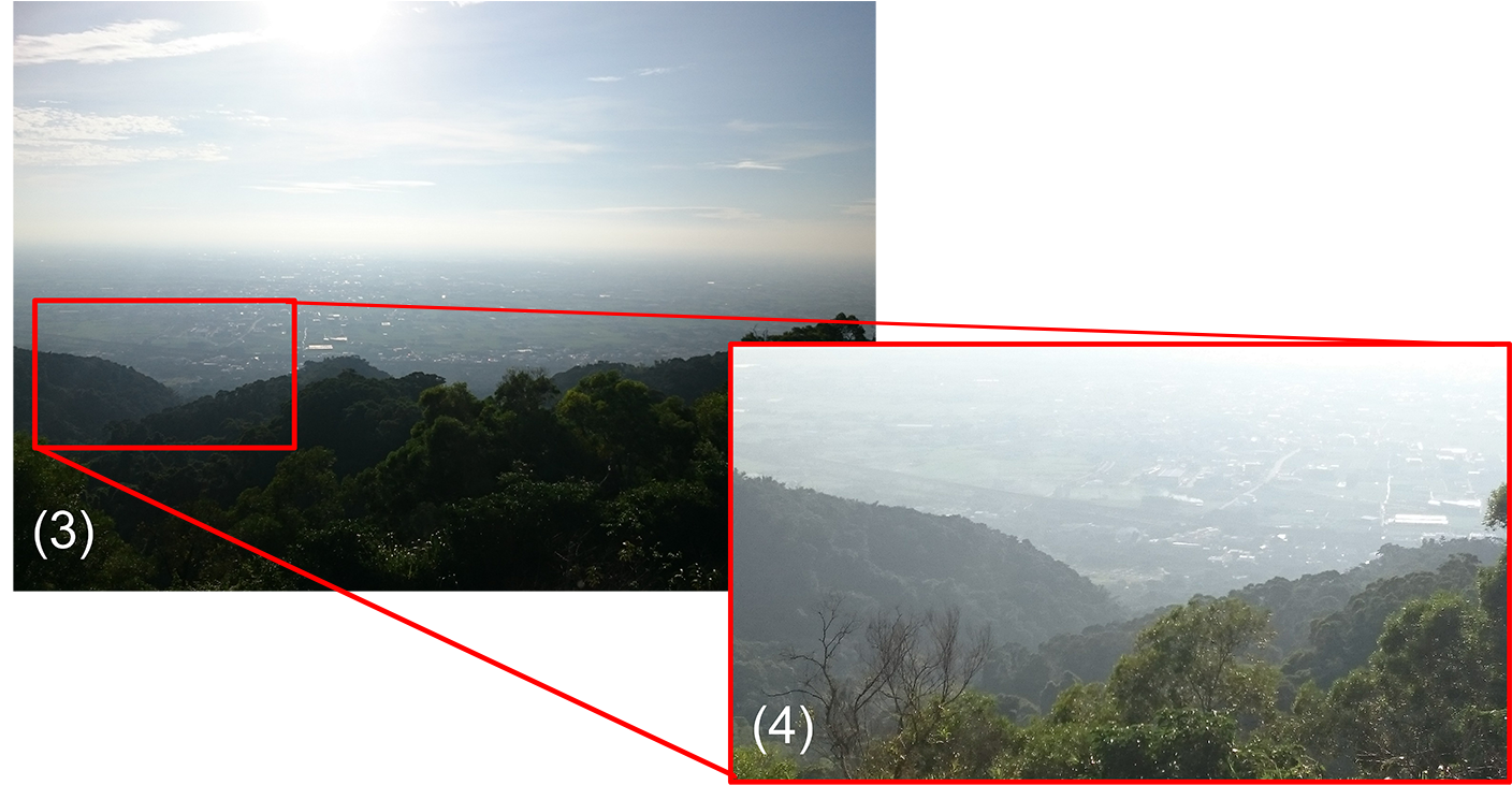 圖3為2016年9月18日午後由猴探井景區拍攝彰化平原;圖4則為圖3中紅色長方框中的放大景象。