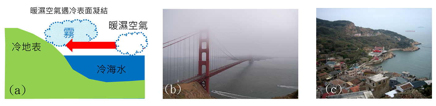 平流霧形成過程示意圖 暖濕空氣流經寒冷海面或是地面,水氣因氣溫下降達到飽和,凝結成霧。