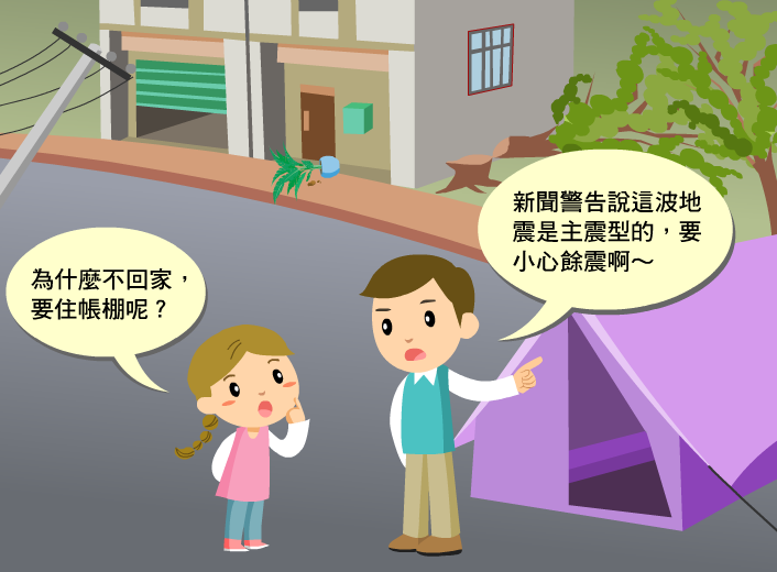女孩問爸爸：「為什麼不回家，要住帳篷呢？」爸爸說：「新聞警告這波地震是主震型的，要小心餘震啊～」