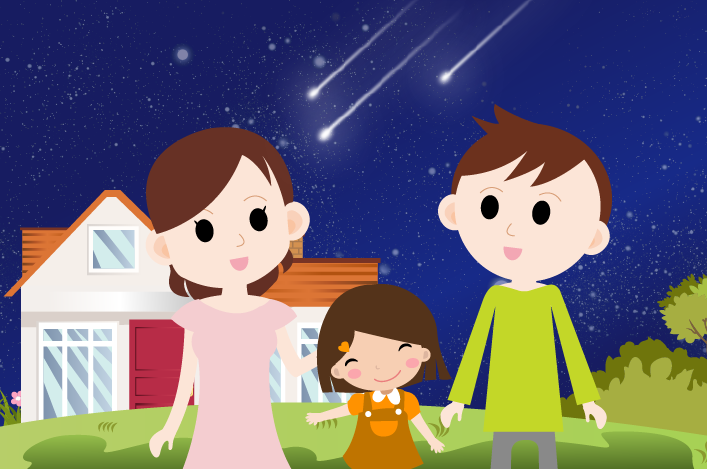 一家人在夜晚欣賞流星