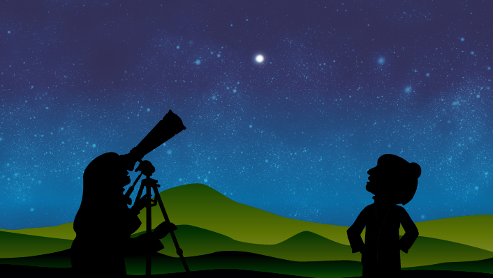 星空下，人們分別利用天文望遠鏡和肉眼進行天文觀測。