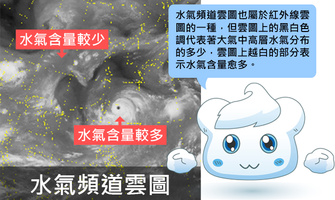 水氣頻道雲圖也屬於紅外線雲圖的一種，但雲圖上的黑白色調代表大氣中、高層水氣分布的多少，雲圖上越白的部分表示水氣含量愈多