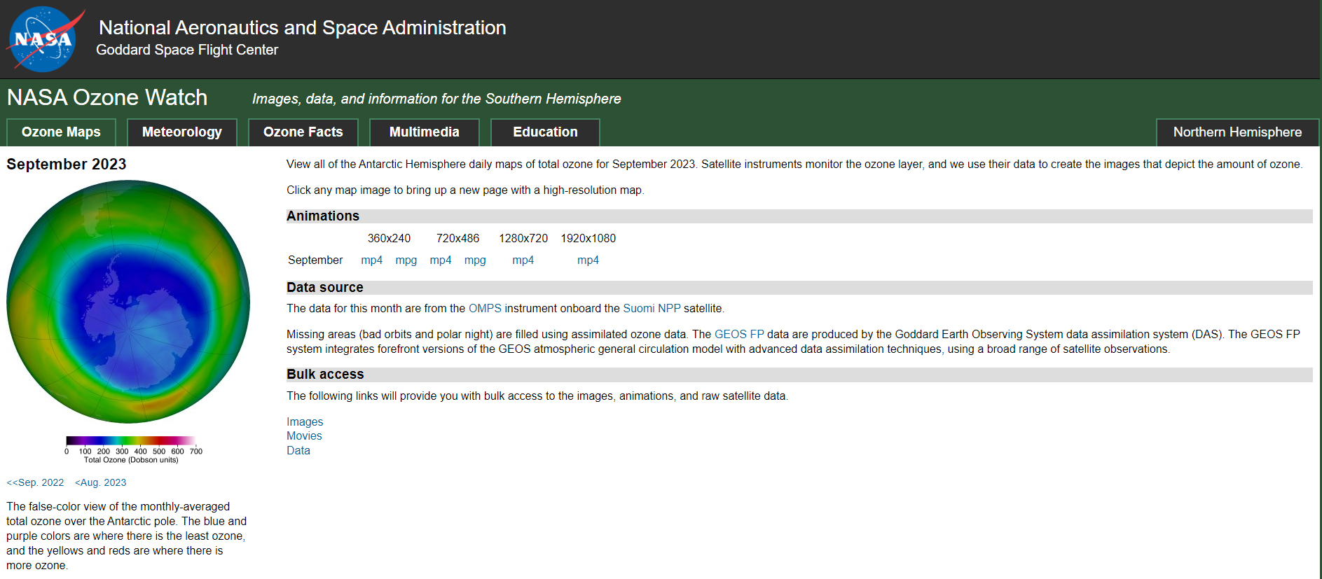 美國國家航空太空總署架設的臭氧層網頁 美國太空總署架設了一個公布全球臭氧濃度監測結果的網站,可以查詢南北半球臭氧層濃度的最新狀況。