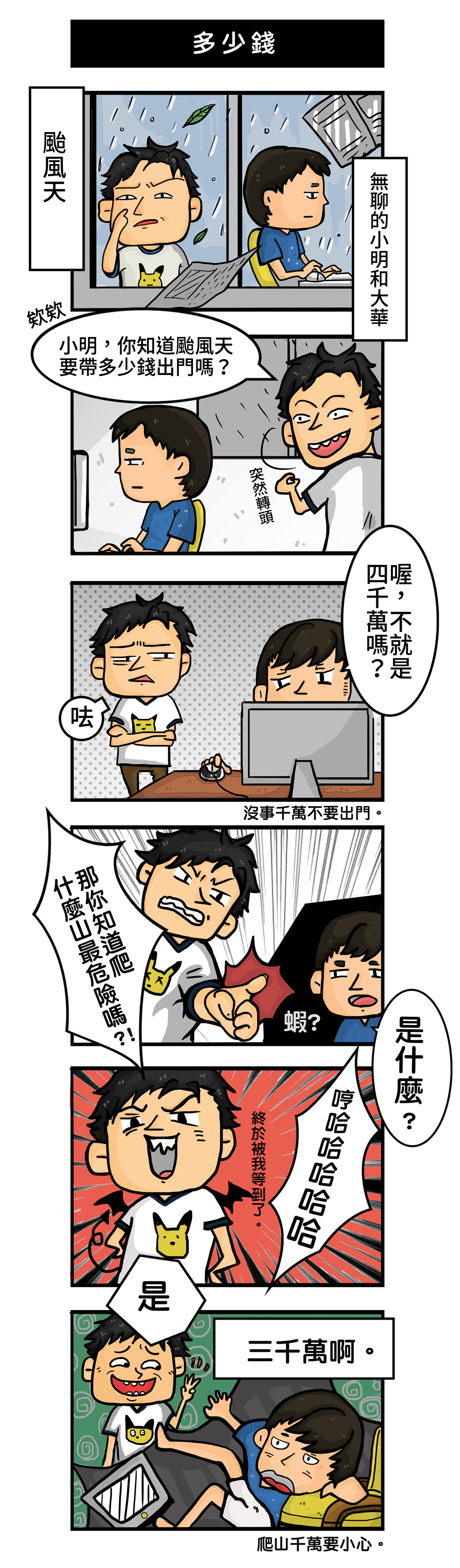 六格漫畫：多少錢？大華在考小明腦筋急轉彎，小明正確答出颱風天不要帶四千萬出門；大華又問爬什麼山最危險？小明被難倒了，得意的大華回答：爬三千萬要小心。