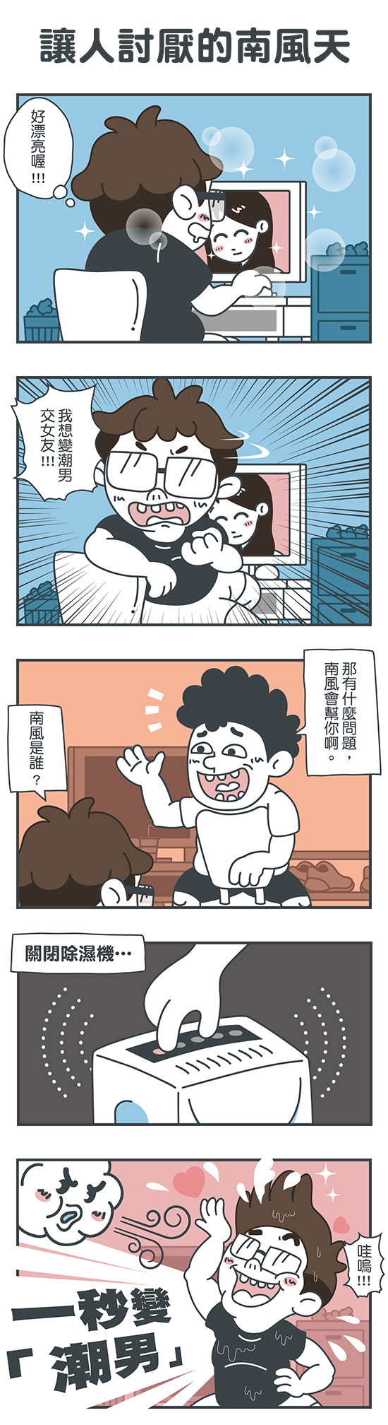 五格漫畫：令人討厭的南風。某位宅男希望變成潮男交到女朋友，於是好友找來南風幫忙，讓宅男一秒變潮男。